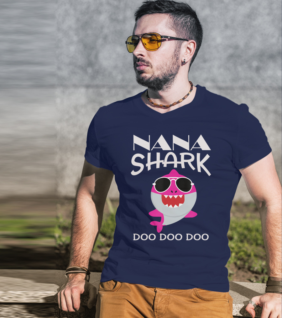 Nana Shark Doo Doo Doo Sunglasses Pink Cartoon T-Shirt