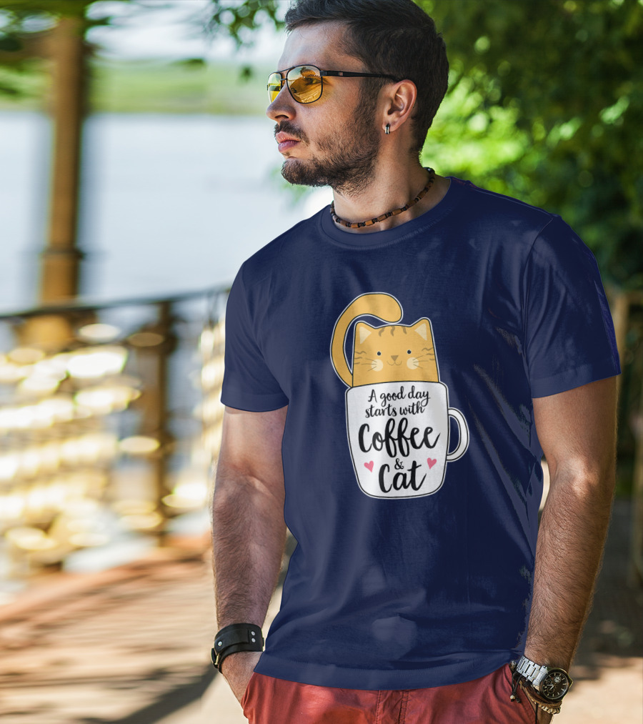 Funny Orange Cat A Good Day Starts With Coffee And Cat T-Shirt