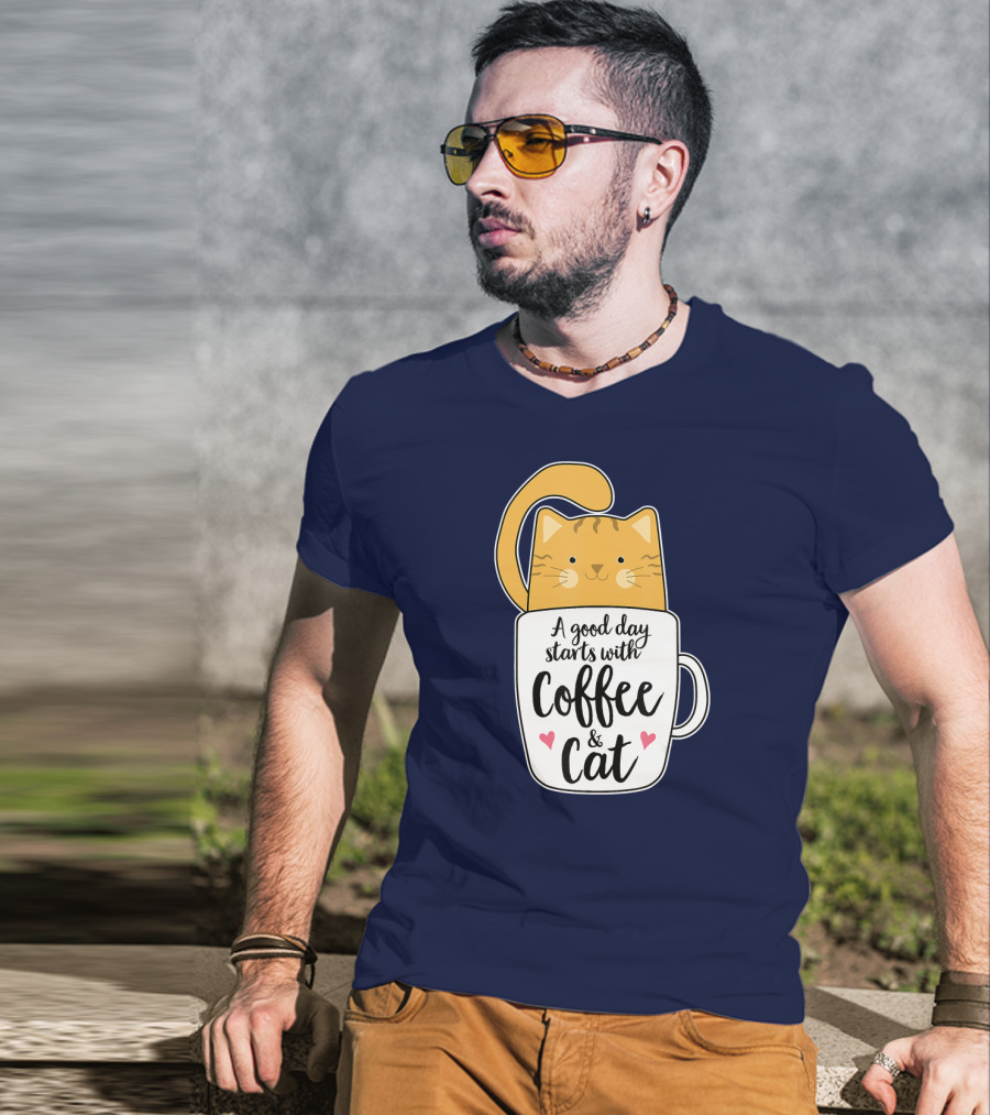 Funny Orange Cat A Good Day Starts With Coffee And Cat T-Shirt
