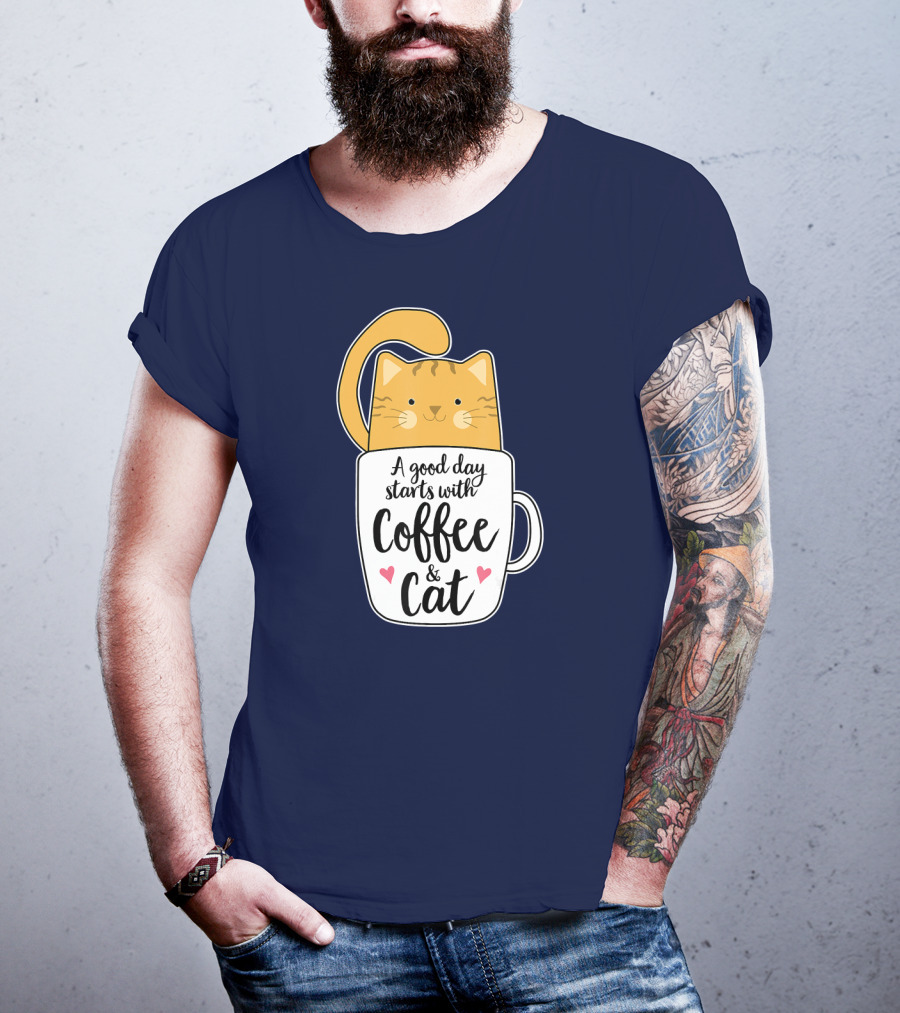 Funny Orange Cat A Good Day Starts With Coffee And Cat T-Shirt