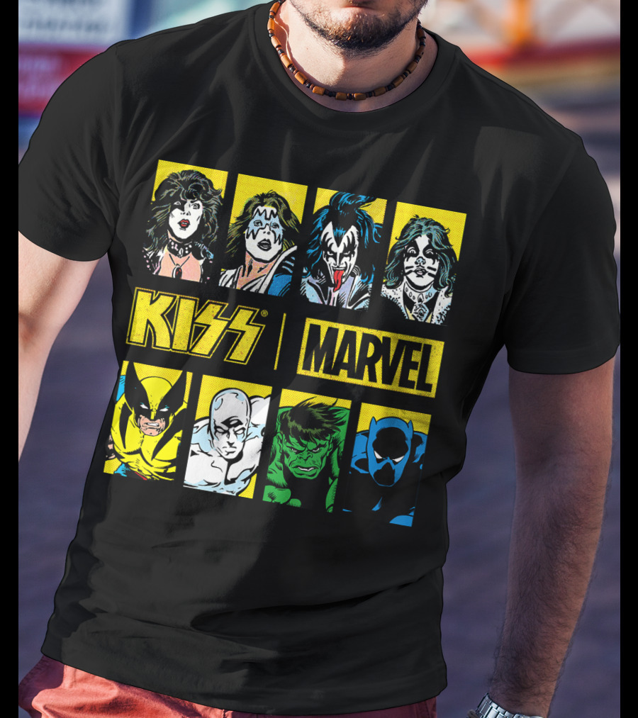 KISS Marvel Wolverine Hulk Black Panther Hero Portrait Boxes T-Shirt