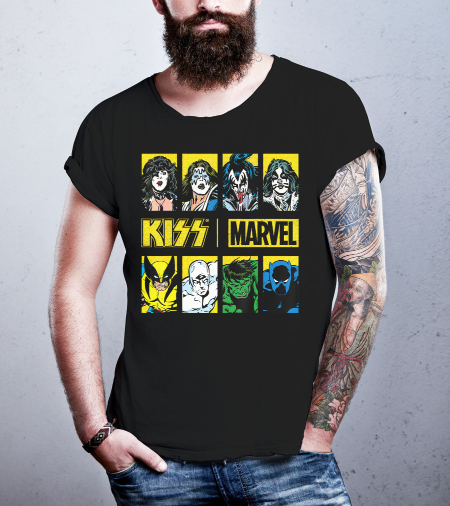 KISS Marvel Wolverine Hulk Black Panther Hero Portrait Boxes T-Shirt