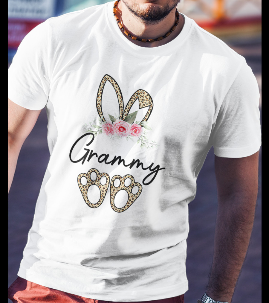 Grammy Easter Bunny Ears And Leopard Floral Paw Prints T-Shirt
