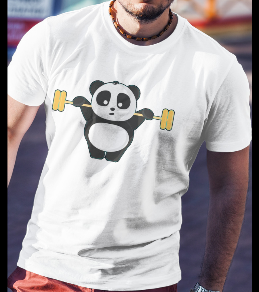 Cartoon Panda Lifting Yellow Barbell Wallpapers On T-Shirt