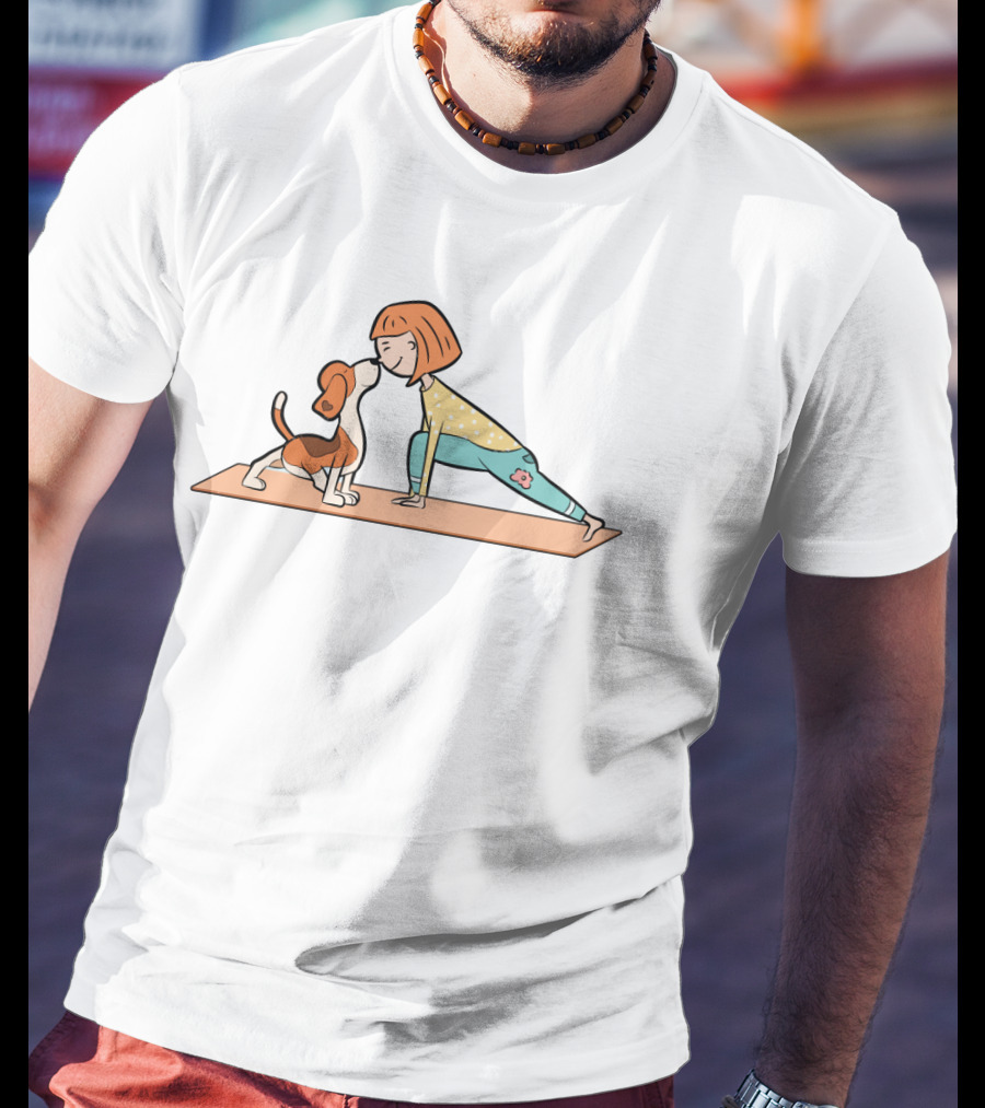 Cartoon Beagle And Girl Performing Yoga Pose On Mat T-Shirt