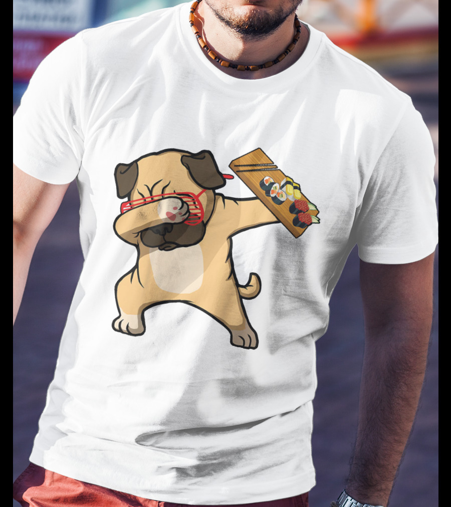 Dabbing Pug With Sushi Plate And Chopstick Glasses T-Shirt