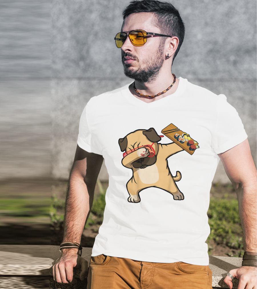 Dabbing Pug With Sushi Plate And Chopstick Glasses T-Shirt
