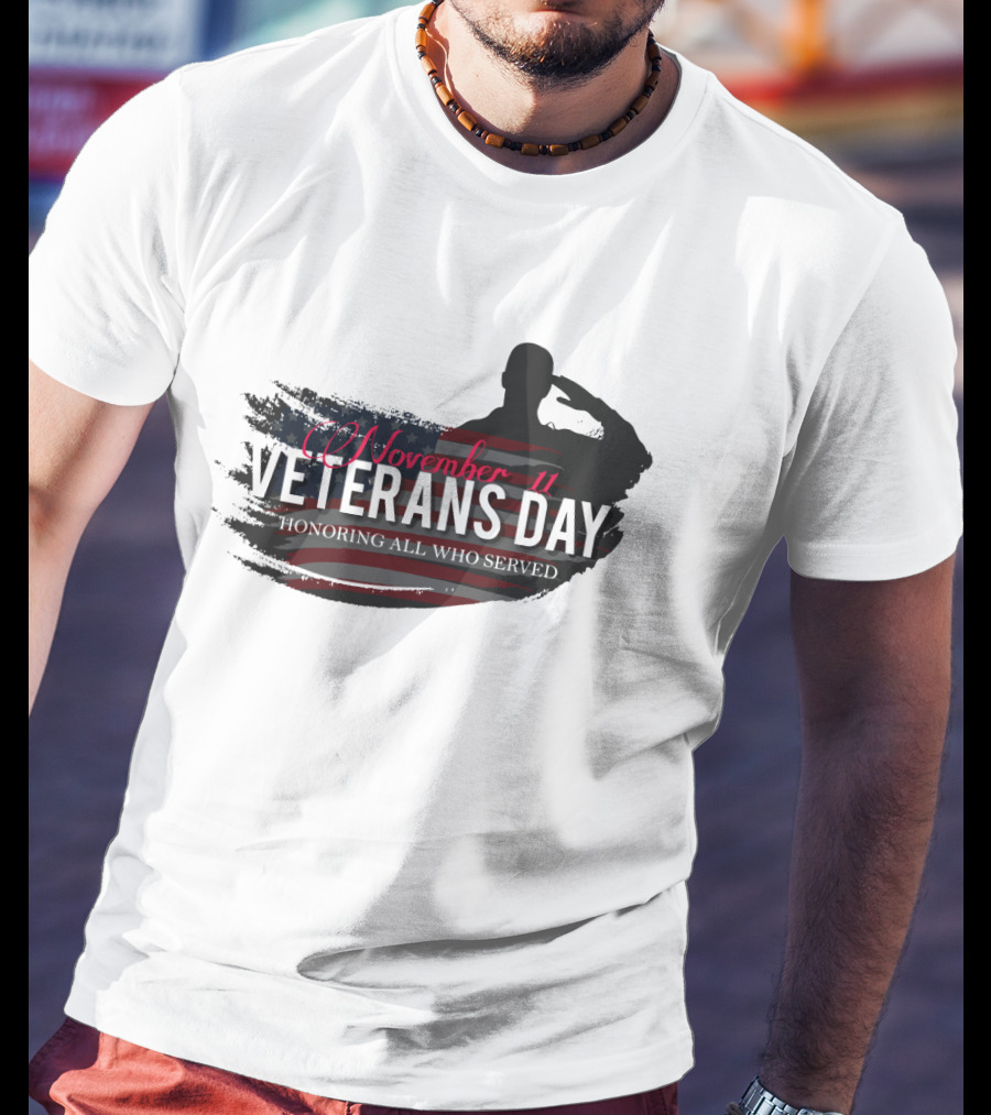 November 11 Veterans Day Honoring All Who Served With Saluting Silhouette And USA Flag Background T-Shirt