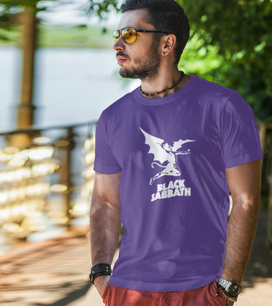 Black Sabbath Flying Devil Logo Purple Background T-Shirt