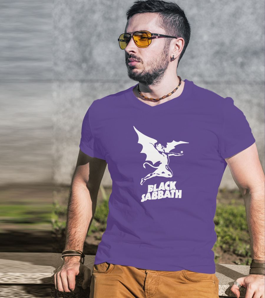 Black Sabbath Flying Devil Logo Purple Background T-Shirt