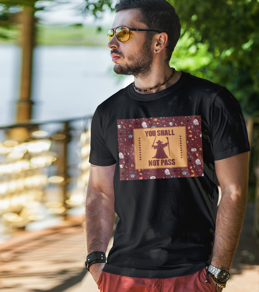 You Shall Not Pass Wizard With Wand And Staff Icon With Mystical Pattern Background T-Shirt