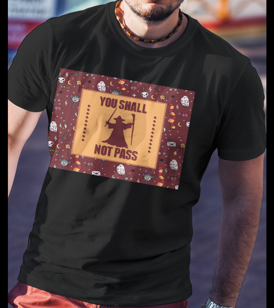 You Shall Not Pass Wizard With Wand And Staff Icon With Mystical Pattern Background T-Shirt
