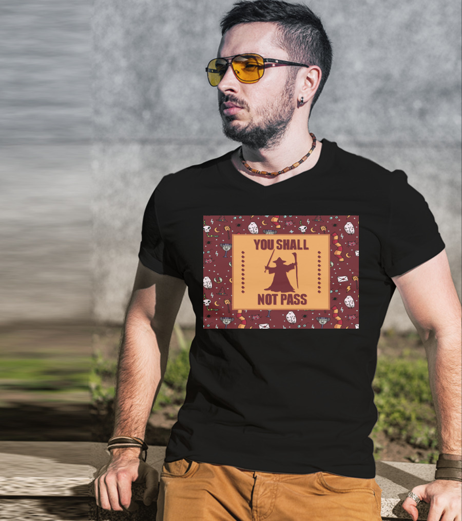 You Shall Not Pass Wizard With Wand And Staff Icon With Mystical Pattern Background T-Shirt