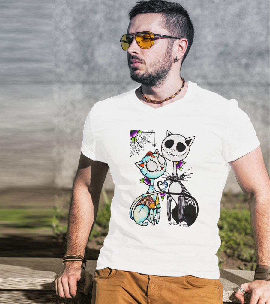 Cat Version Of Jack Skellington And Sally With Spider Web And Flowers T-Shirt
