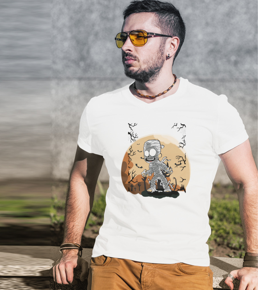 Halloween Zombies Mummy With Moon Tombs And Spooky Trees T-Shirt