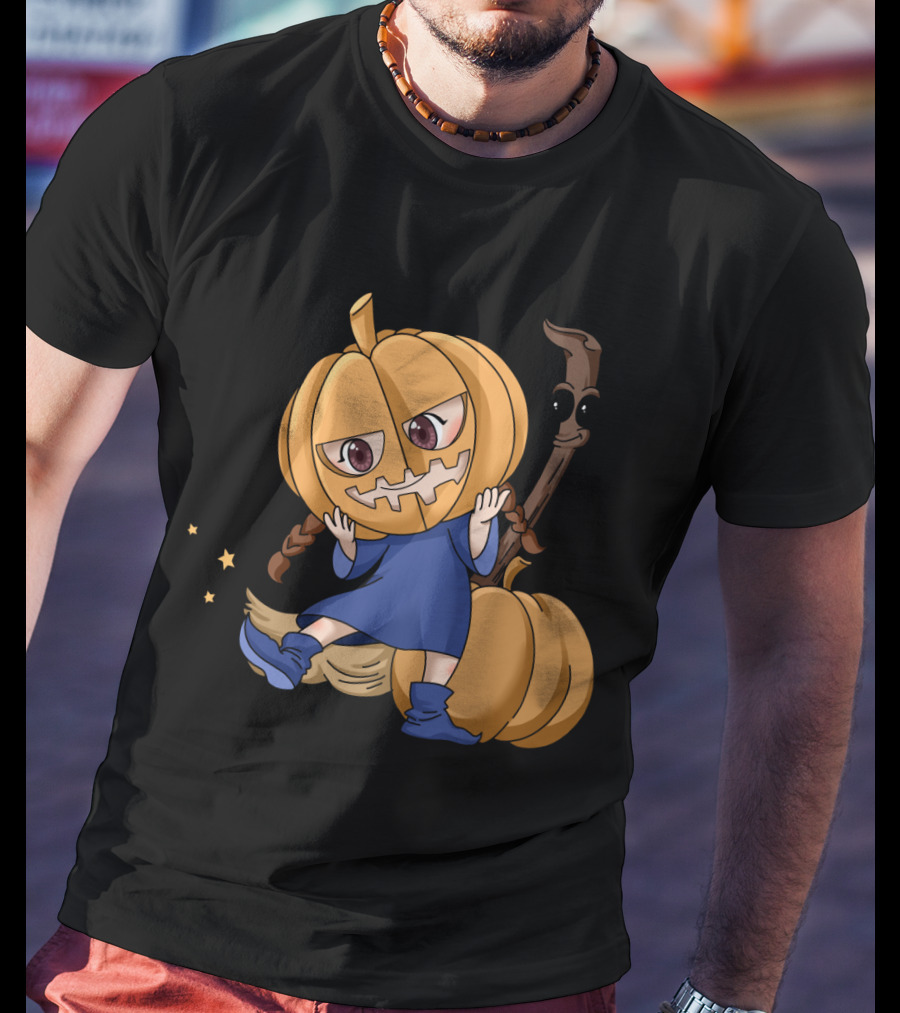 Halloween Cartoon Witch Girl With Pumpkin Head And Broomstick In Blue Dress T-Shirt