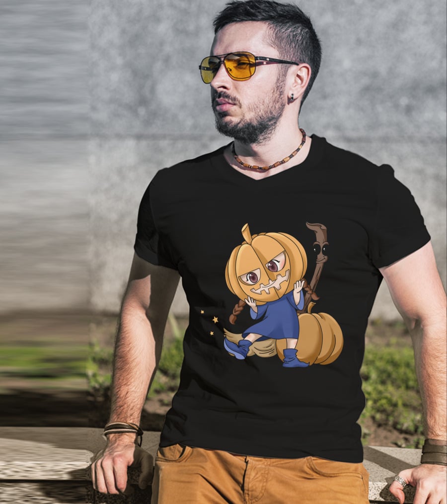 Halloween Cartoon Witch Girl With Pumpkin Head And Broomstick In Blue Dress T-Shirt