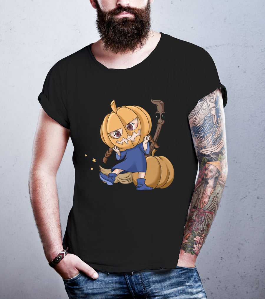 Halloween Cartoon Witch Girl With Pumpkin Head And Broomstick In Blue Dress T-Shirt