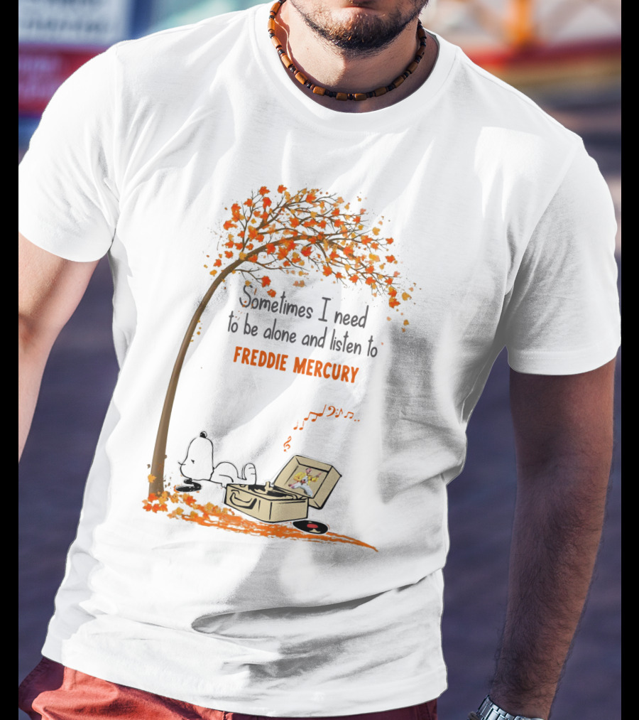 Snoopy Relaxing Under Autumn Tree Listening To Freddie Mercury Alone Vinyl Record Player T-Shirt