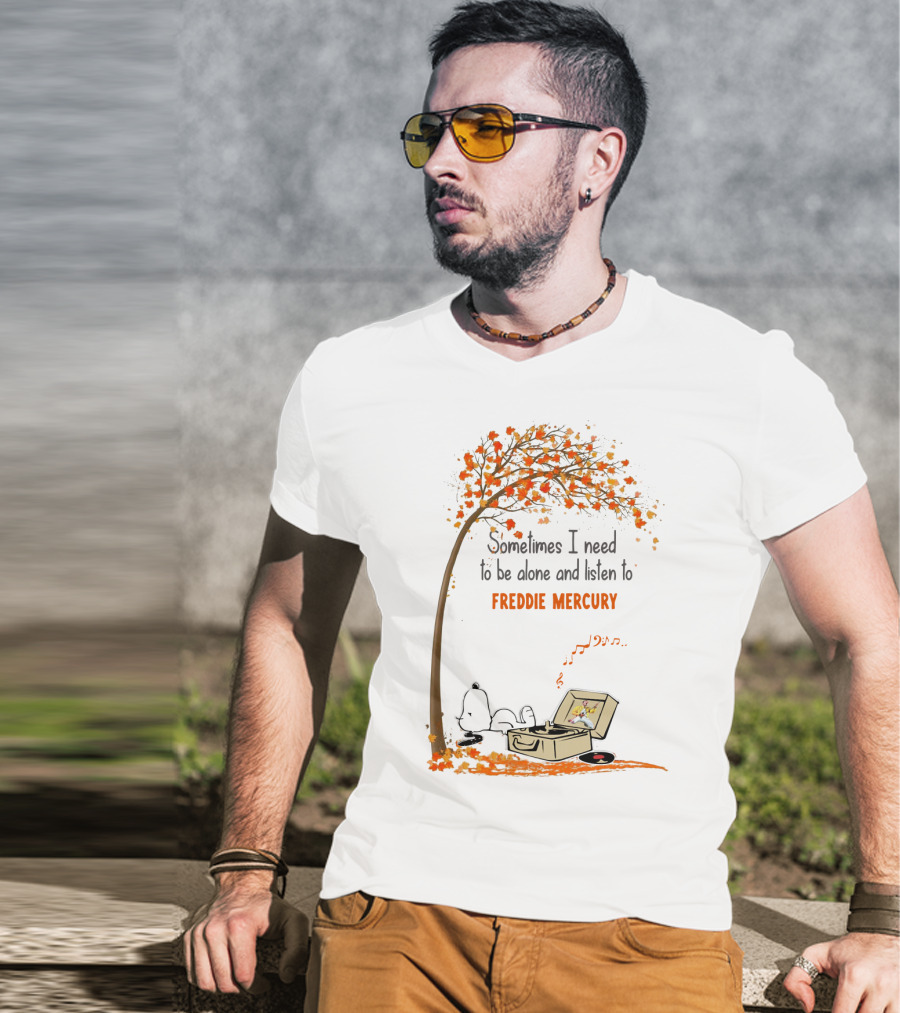Snoopy Relaxing Under Autumn Tree Listening To Freddie Mercury Alone Vinyl Record Player T-Shirt