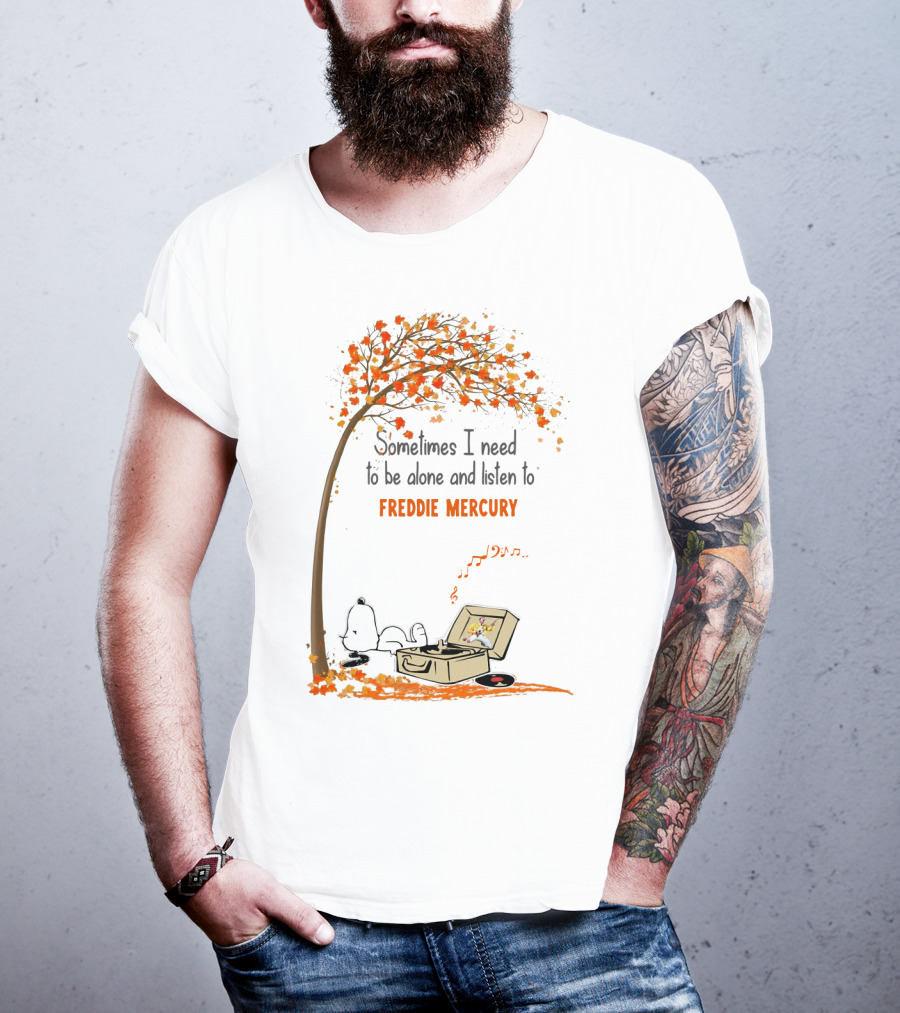Snoopy Relaxing Under Autumn Tree Listening To Freddie Mercury Alone Vinyl Record Player T-Shirt