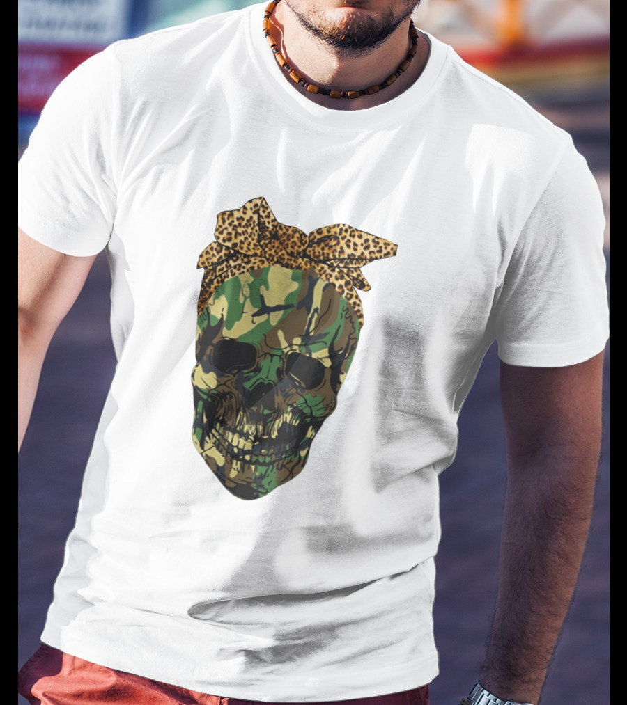 Camo Skull With Leopard Print Bow T-Shirt