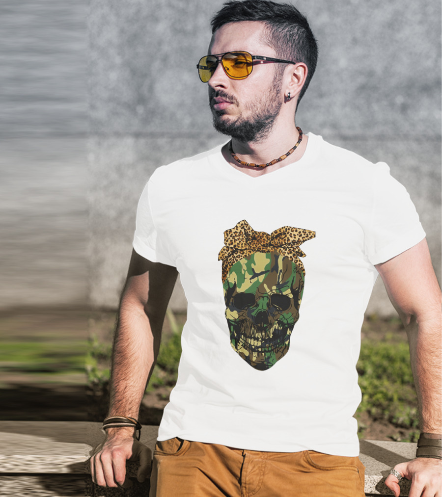 Camo Skull With Leopard Print Bow T-Shirt
