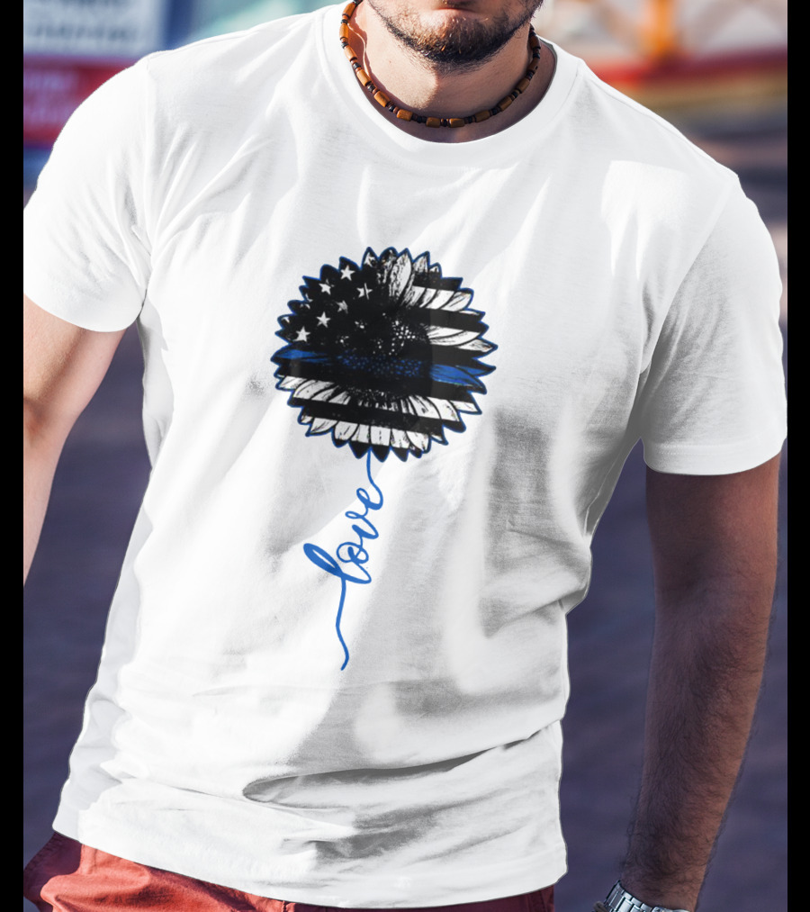 American Flag Sunflower Thin Blue Line Love T-Shirt