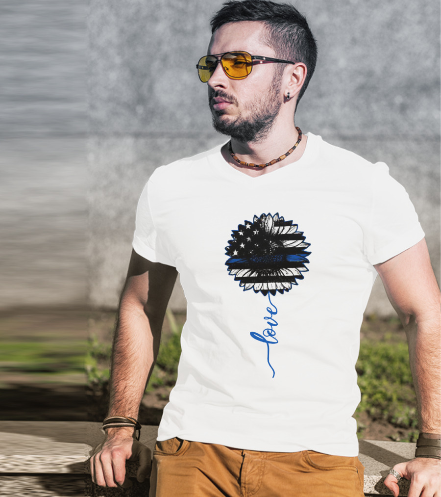 American Flag Sunflower Thin Blue Line Love T-Shirt