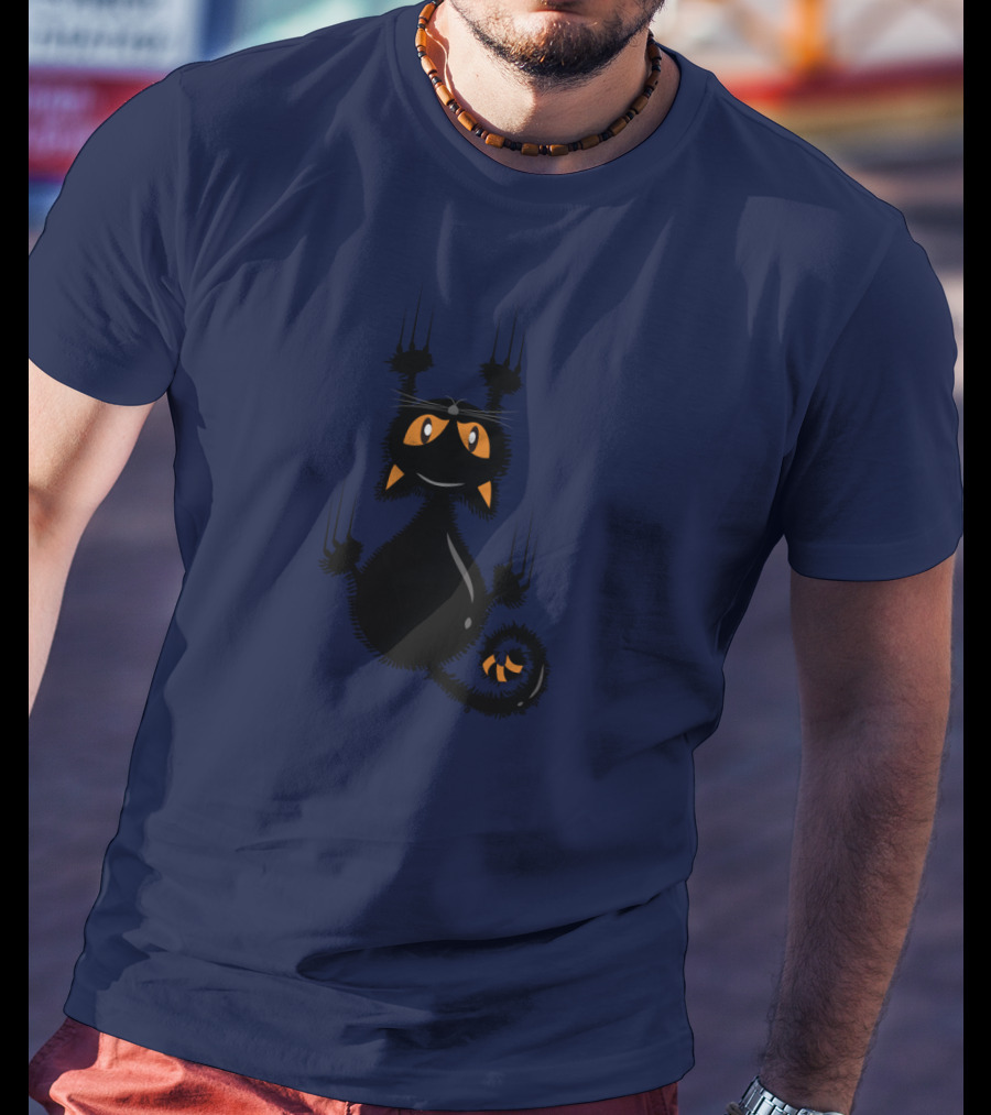 Cartoon Cute Halloween Black Cat With Orange Eyes And Scratching Claws T-Shirt