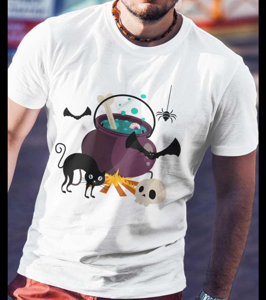 Halloween Black Cat Bat Spider Skull And Magic Potion Cauldron T-Shirt