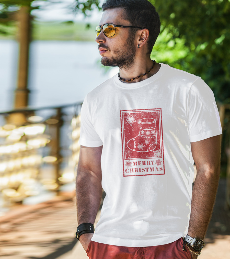 Merry Christmas Red Sock Post Stamp T-Shirt