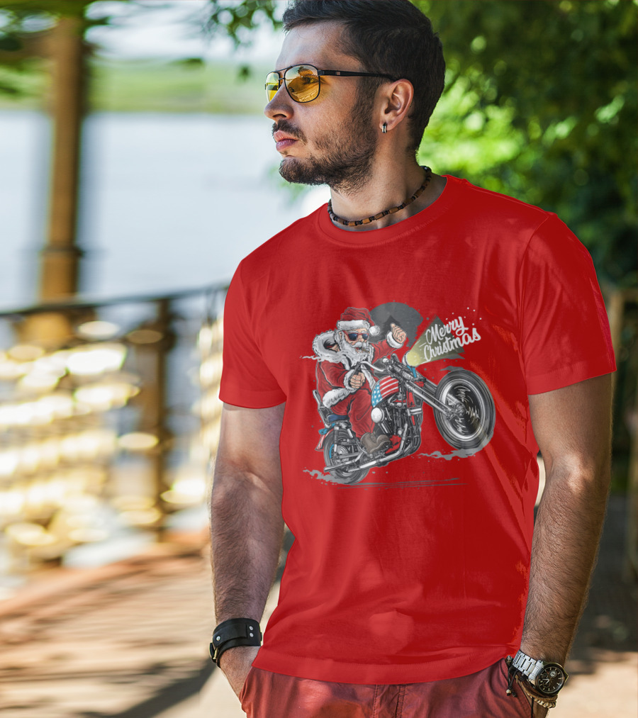 Merry Christmas Santa Claus Motorcycle USA America T-Shirt