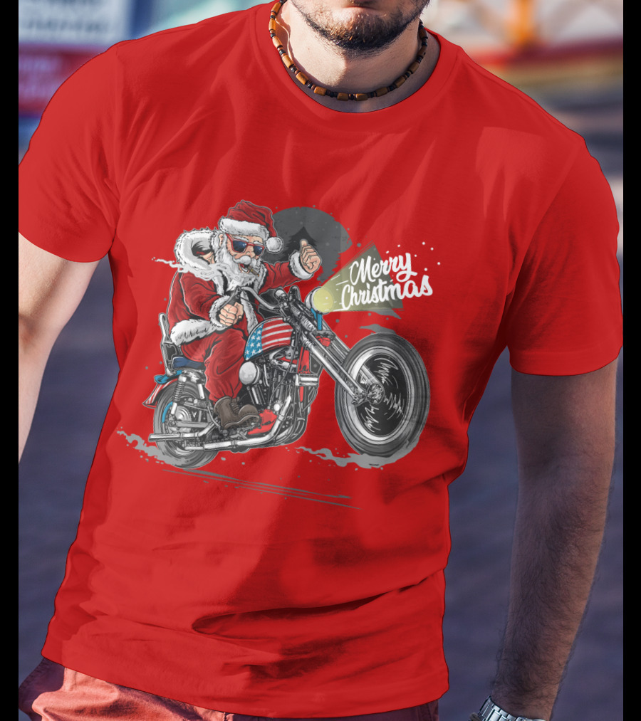 Merry Christmas Santa Claus Motorcycle USA America T-Shirt