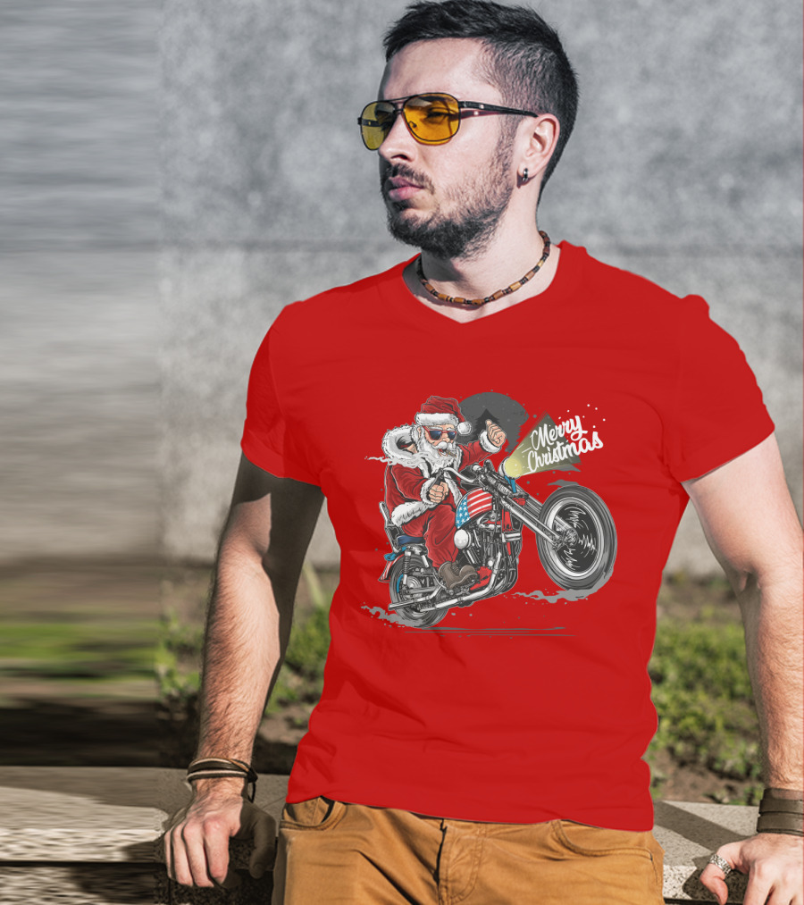Merry Christmas Santa Claus Motorcycle USA America T-Shirt