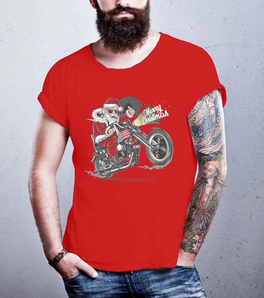 Merry Christmas Santa Claus Motorcycle USA America T-Shirt