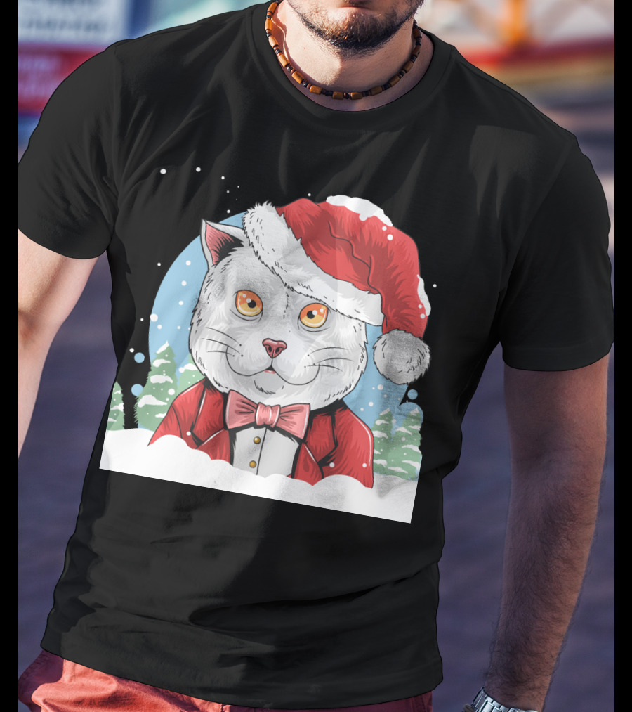 Santa Claus Cat In Winter Wonderland Christmas Scene T-Shirt