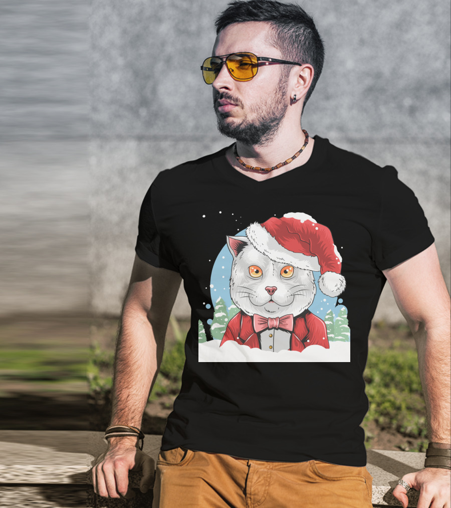 Santa Claus Cat In Winter Wonderland Christmas Scene T-Shirt