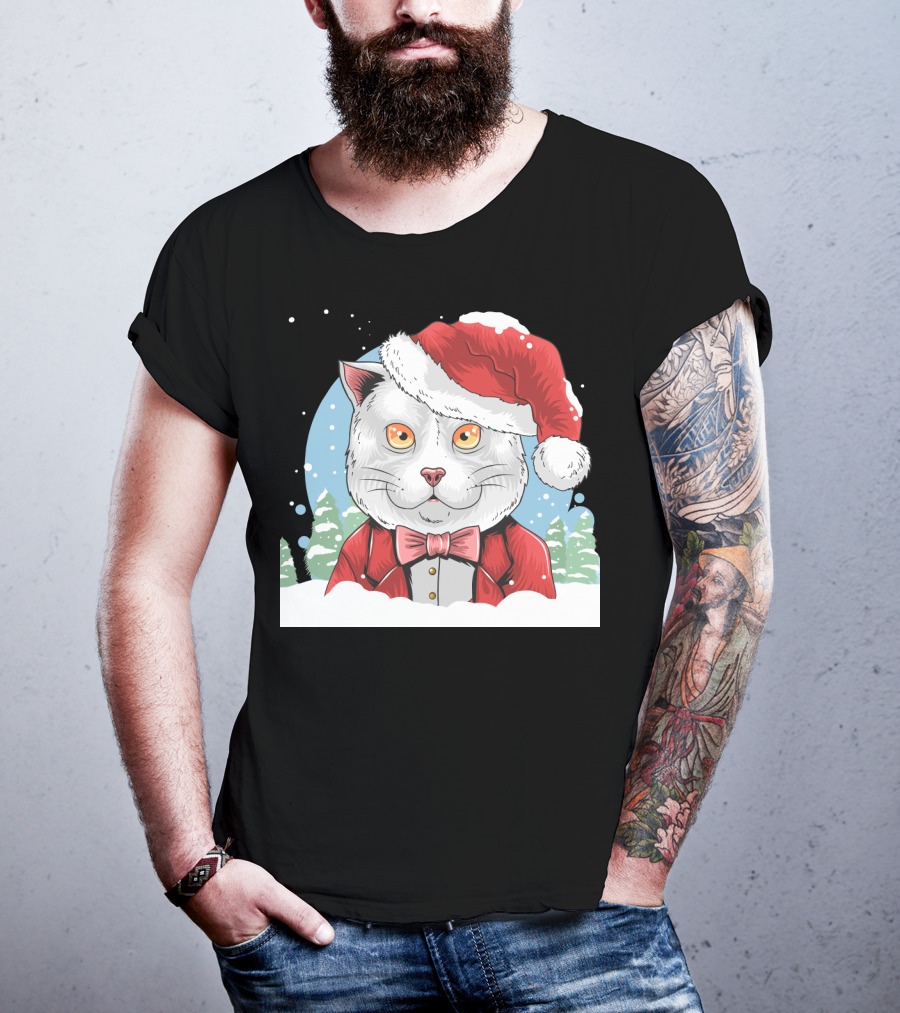 Santa Claus Cat In Winter Wonderland Christmas Scene T-Shirt