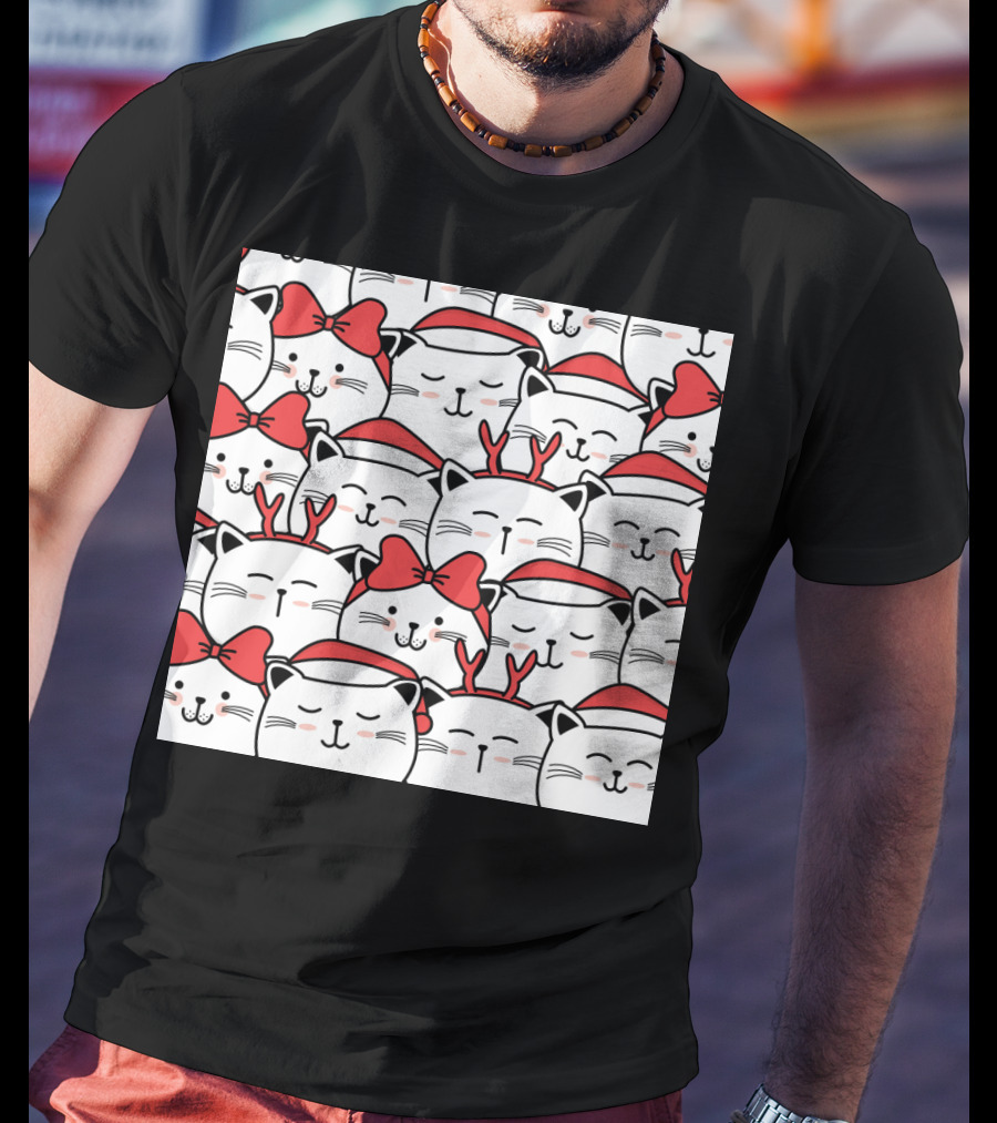 Cute Cat Christmas Santa Hats And Red Bows T-Shirt