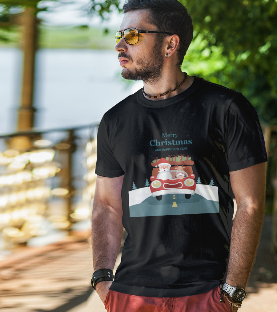 Merry Christmas And Happy New Year Reindeer Drives Car With Santa Claus T-Shirt