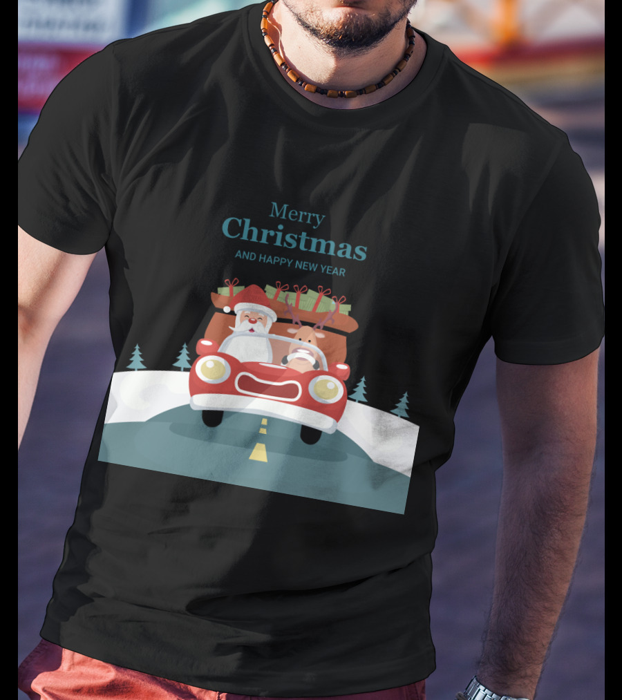 Merry Christmas And Happy New Year Reindeer Drives Car With Santa Claus T-Shirt