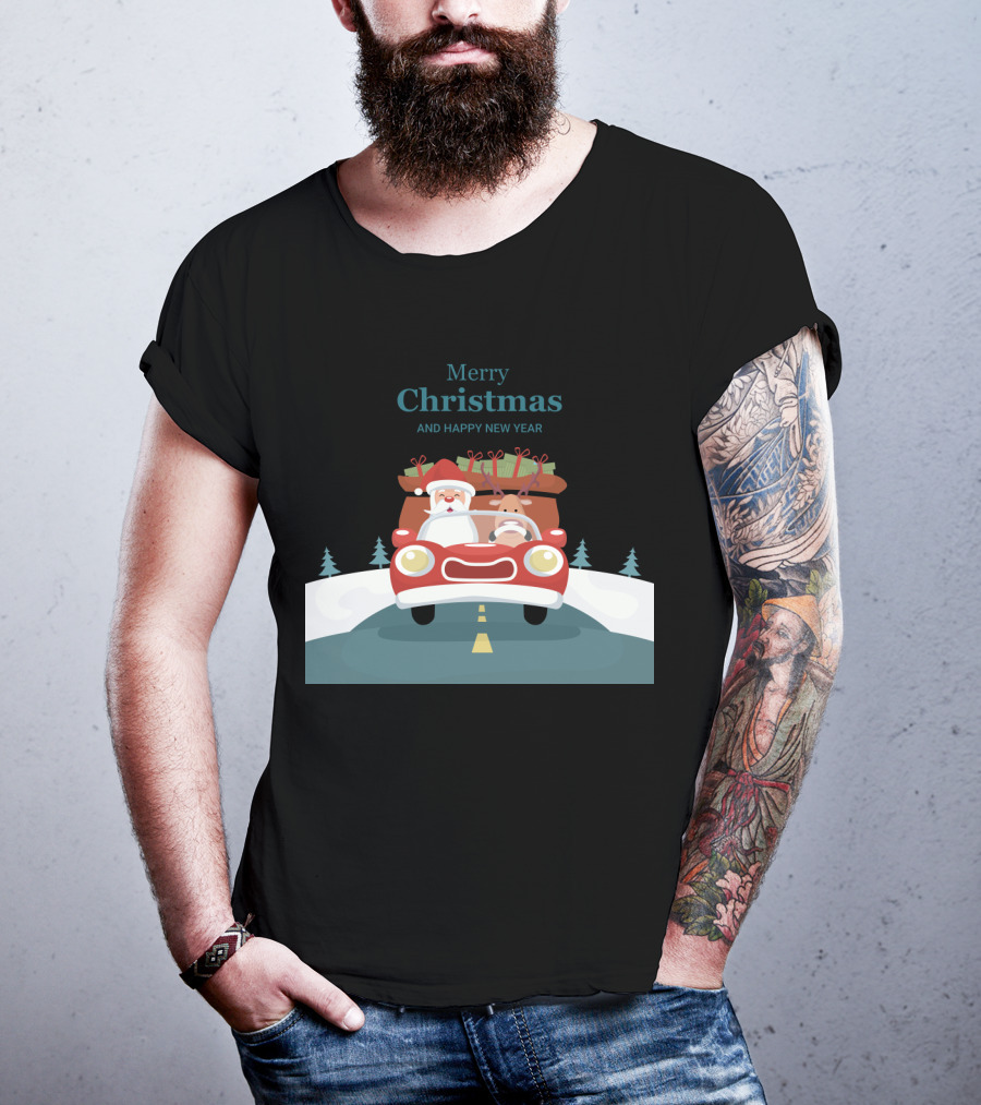 Merry Christmas And Happy New Year Reindeer Drives Car With Santa Claus T-Shirt