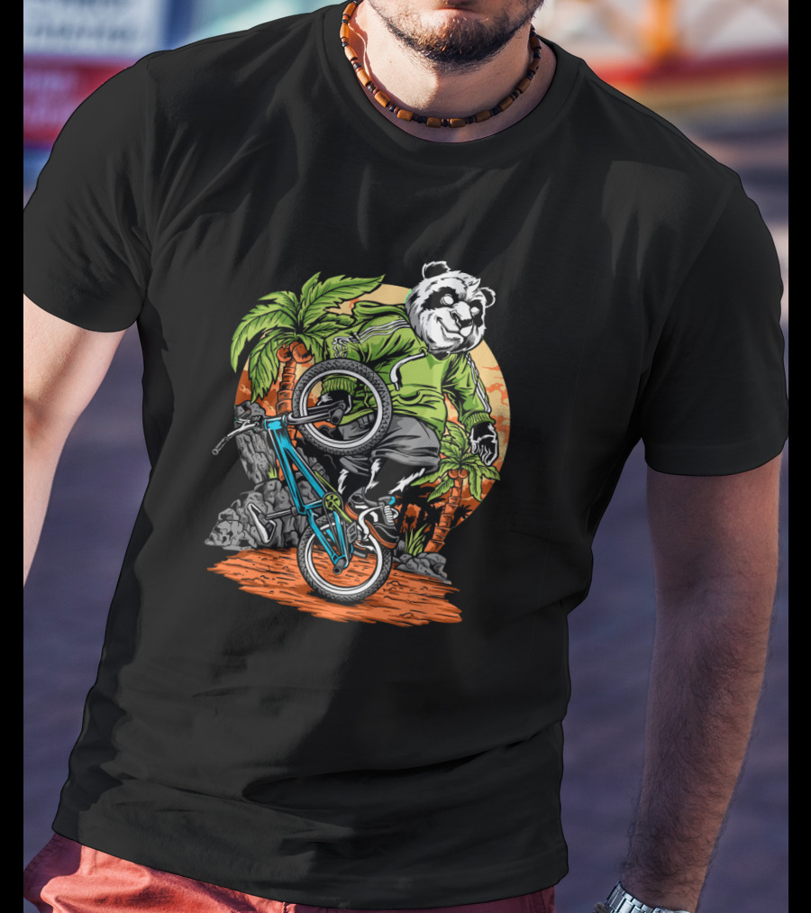 Panda Performs Bicycle Stunt In Tropical Setting T-Shirt