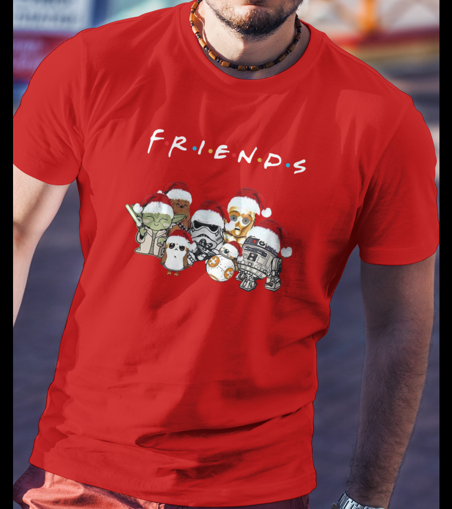 Star Wars Characters Yoda Chewbacca Porgs Stormtrooper R2 D2 C 3PO BB 8 Friends TV Show Christmas Santa Hats T-Shirt