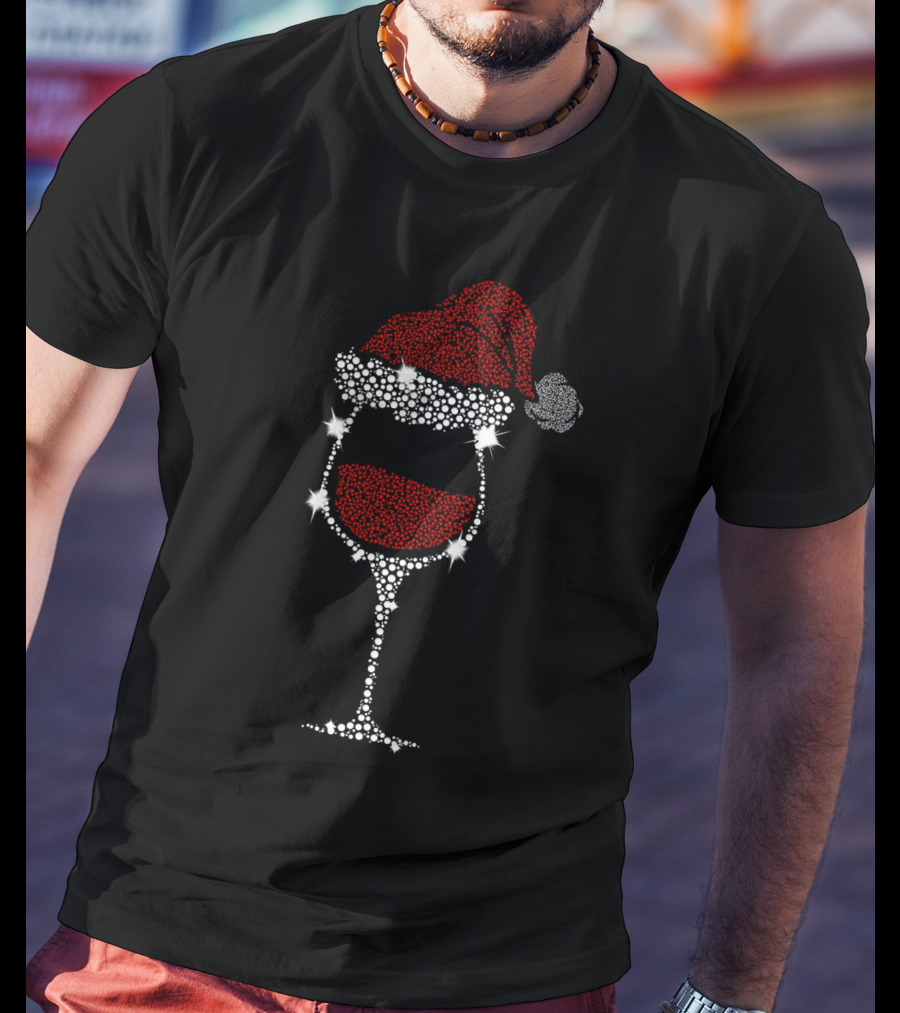 Glitter Christmas Santa Hat Wine Glass T-Shirt