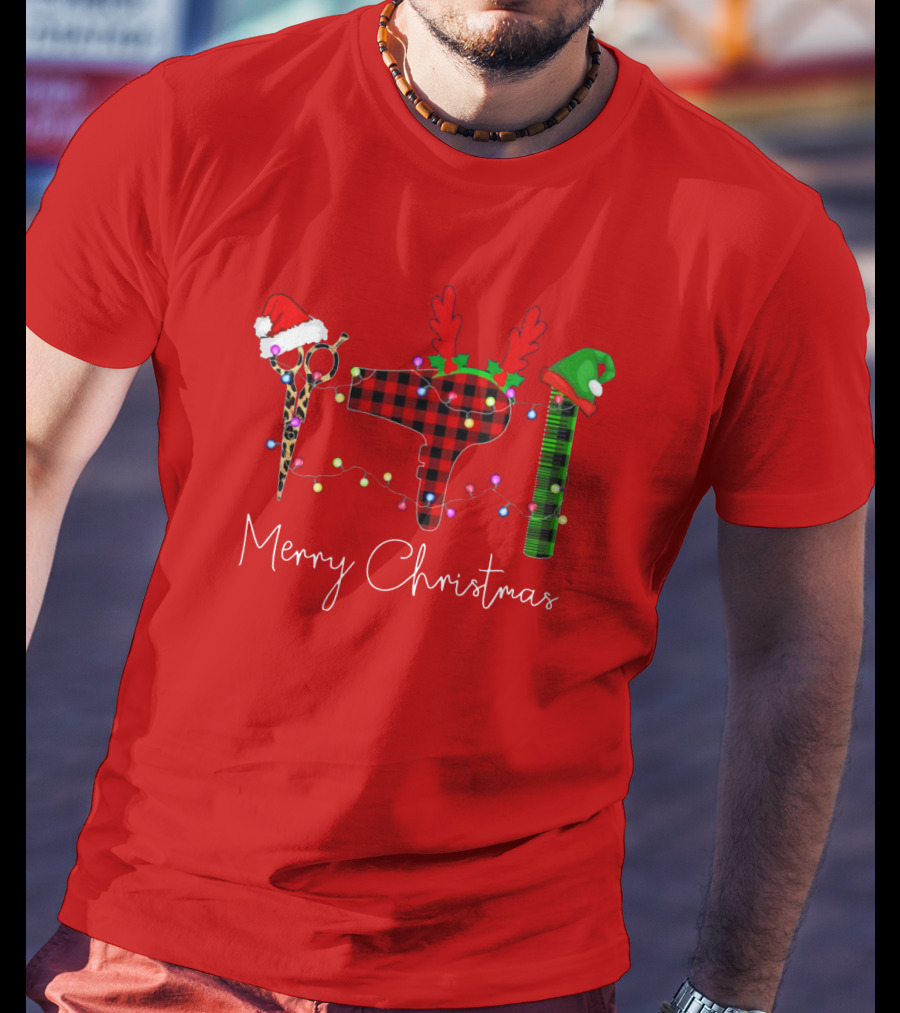 Hair Stylist Merry Christmas Scissors Dryer Comb Holiday Hat T-Shirt