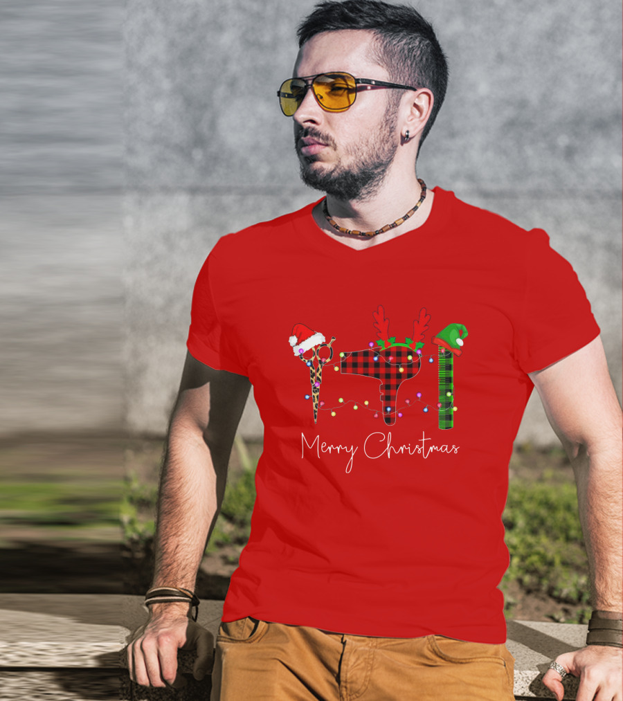 Hair Stylist Merry Christmas Scissors Dryer Comb Holiday Hat T-Shirt