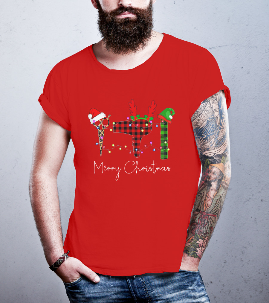 Hair Stylist Merry Christmas Scissors Dryer Comb Holiday Hat T-Shirt