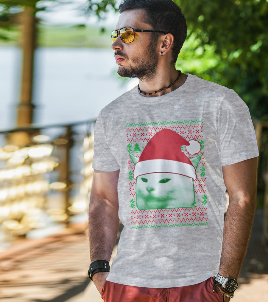 Santa Hat Cat Meme Christmas Pattern Raglan T-Shirt